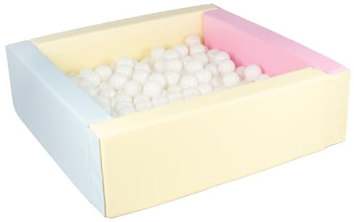 Velinda Piscine à balles carrée avec 300 balles, Cuir écologique, 5 éléments (Couleur de la Piscine/de balles: Rose, Bleu, Jaune (Pastel)/Blanc)