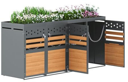 4 x Cache Poubelle Extérieur, Abri pour 4 Poubelles de 120-240 L, Antirouille Habillage de Poubelle avec Toit Végétal et 4 Portes avec Poignées Verrouillable, Acier Galvanisé, Anthracite