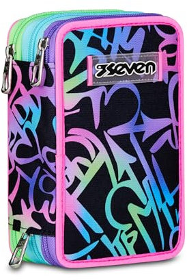 Seven, Mäppchen, Mehrfarbig, Federtasche für Schreibwaren, Etui mit Stiften, Kugelschreiber, & mehr, 3 Fächer, Mädchen & Jungen, Schule - Grundschule, XXL, pink-grün