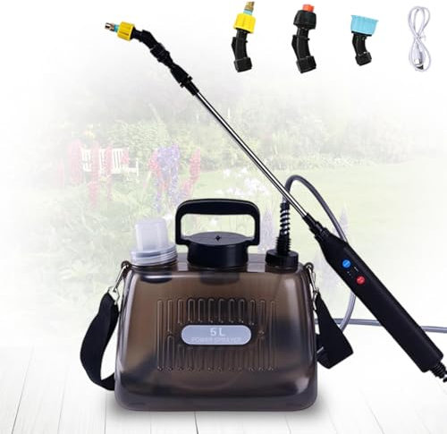 Spruzzatore Elettrico 5L, Nebulizzatore Giardino con 3 Ugelli Regolabili, Impugnatura ricaricabile USB, 60 cm Asta Telescopica e tracolla regolabile, Spruzzatore per Erbacce da Giardino e Piante