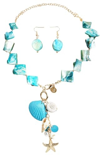TAXTYHRE 2 Stück Muschel Halskette Ohrringe Set, Natürliche Muschelkette, Seestern Muschel Anhänger Halskette, Sommer Strand Schmuck, Hawaii Beach Accessoires für Damen Mädchen