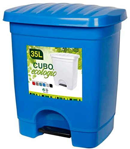 Tradineur - Cubo de basura de plástico con pedal, 1 compartimento, contenedor de residuos, papelera, cocina, fabricado en España (Azul - 35 litros - 45 x 39 x 31 cm)