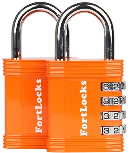 FortLocks Gym Locker Padlock, Weatherproof 4-Digit Combination Lock | Sturdy, Durable, Easy to Use, for Indoor & Outdoor Use, Combo Padlock for Lockers, Storage, Toolboxes, Sheds, 2-Pack, Orange