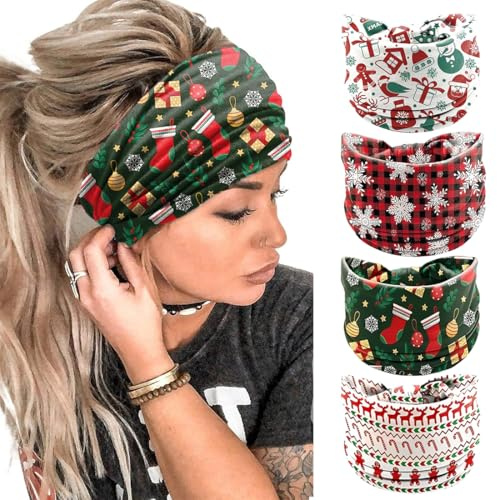 WUSJCOF 4 Stück Haarband Damen Weihnachten Breites Stirnband Damen Baumwolle Elastisch Kopftuch Haarbänder für Winter Sport Yoga Weihnachts Accessoires
