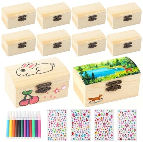 10Stück Schatztruhe Kindergeburtstag,Mini Schatztruhe,Schatzkiste Holz Bastelset,Kleine Schatztruhe Kinder,Holzbox mit Deckel enthält Buntstifte und Aufkleber,Perfekt zum Malen und Basteln auf Partys