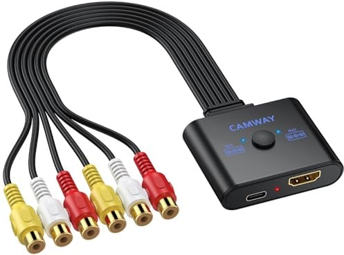 CAMWAY 2 RCA auf HDMI Adapter, 16:9/4:3 Konvertierung 1080P Composite CVBS Cinch Video Audio Konverter mit 50CM HDMI Kabel, Plug&Play, AV Adapter Unterstützt PAL/NTSC für Wii/PS1/PS2/N64/Xbox/DVD/VCR