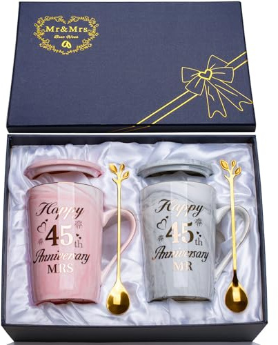 Geschenke zum 45 Hochzeitstag, 2PCS Mr Mrs Keramik Marmor Tasse Set 14 Oz, 45 Hochzeitstag Geschenke Kaffeetassen für Paare, 45-Jahr Beziehung Geschenk mit Karte, Löffel, Becherdeckel, Geschenkbox