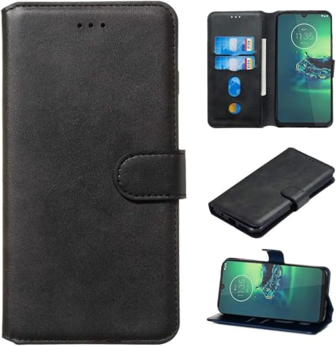 Generico Schutzhülle kompatibel mit Motorola Moto G8 Plus / XT2019 XT2019-2 Schutzhülle mit Standfunktion, aus TPU-Gel, stoßfest, magnetisch, Kunstleder, Kartenhalter, Schwarz