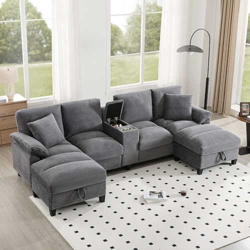 SHAIRMB Geräumiges 4-Sitzer-Sofa in U-Form mit Stauraum, übergroßem Cordstoff und Kissen, Getränkehaltern aus Edelstahl und Zwei USB-Anschlüssen, geeignet für Wohnzimmer,Grau