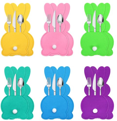 MARFOREVER 12 Stück Ostern Bestecktasche Filz, Osterhase Besteckbeutel, 17x9 cm Bestecktasche Ostern Hasen Besteckhalter für Ostern Tischdeko Partydeko
