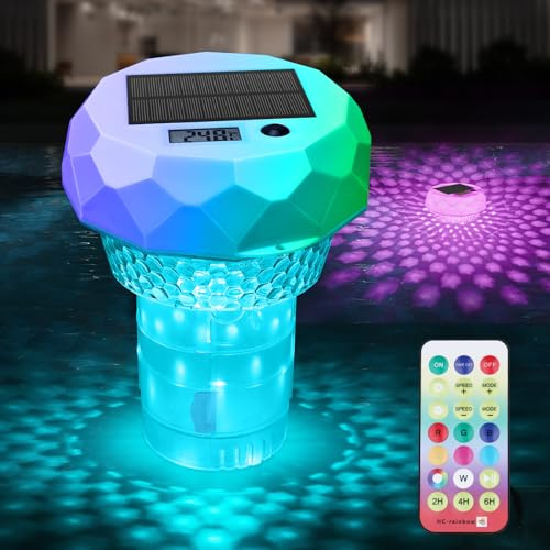 Galleggiante cloro con luce solare e termometro, dispenser galleggiante con telecomando regolabile per piscine, stagni, spa e idromassaggi, adatto a pastiglie da 1 e 3
