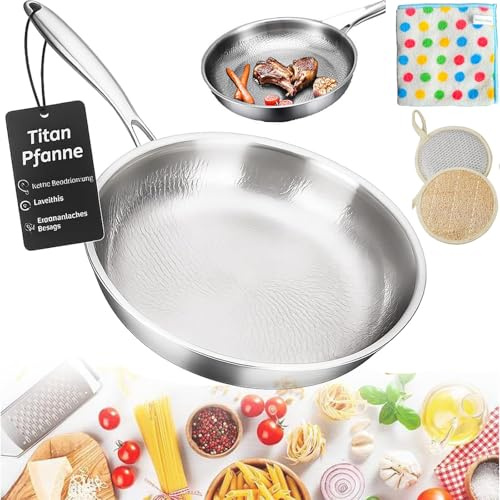 Sarten Titanio Puro, Sartén de Titanio Antiadherente sin Recubrimiento, 20/24/26/28/30cm wok titanio Martillado, Fondo de Olla de 5 Capas, Robusta Multifuncional por Induccion (Sin tapa,30 cm)