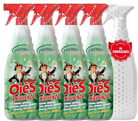 OièS Saniessenza Detergente Profumato 750 ml - Emerald (4 Unità) | Profumatore Ambiente 5 in 1 Spray Igienizzante Multiuso per Pavimenti e Superfici - Profuma, Igienizza, Deodorizza e Spolvera