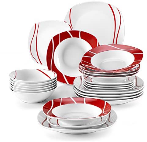 MALACASA, Serie Felisa, 24 teilig Set Porzellan Tafelservice mit 6 Flachteller, 6 Kuchenteller, 6 Suppenteller und 6 Schüsseln für 6 Personen