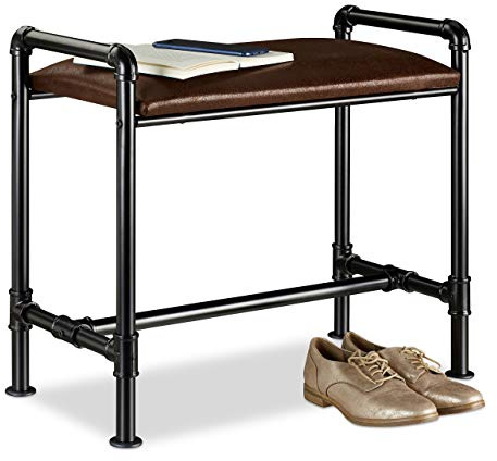 Relaxdays Bank Industrial, braune Flanell-Polsterung, stabil, Industrie-Design, Gusseisen, HBT: 55 x 63 x 31 cm, schwarz
