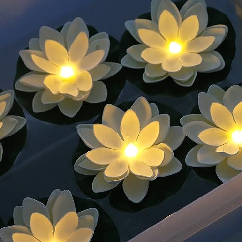 LACGO Lot de 6 lampes flottantes pour bassin de piscine avec fleurs de lotus à changement de couleur, alimentées par piles remplaçables et réutilisables pour décoration de mariage, jardin, d'intérieur