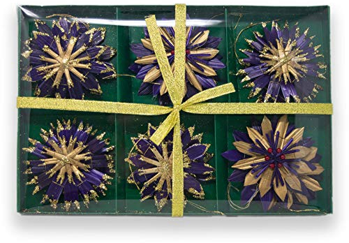 12-teiliges Strohsterne-Set mit 3 verschiedenen Motiven in Gold und blau mit Glitzerstaub in hübscher Geschenkverpackung für den Weihnachtsbaum