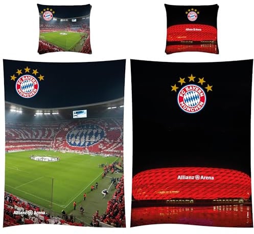 FC Bayern München Wende-Bettwäsche - Allianz Arena 135x200 + 80x80 cm 100% Baumwolle Biber/Flanell Fußball FCB Harry Kane Musiala Rekordmeister Champions-League-Sieger deutsche Größe mit RV