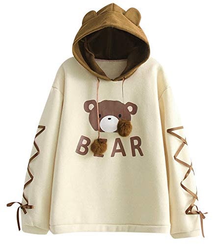 Xmiral Hoodies Damen Gedruckt Bär Ohr Kappe Haar Ball Nettes Sweatshirt Mit Kapuzenpullover Langarm Herbst Winter Band Jumper(Gelb,M)