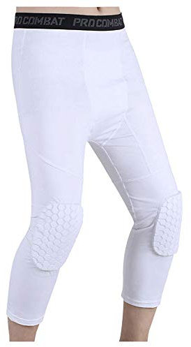 Rayauto 3/4 Capri Compression Training Pants with Honeycomb Knee Pad,Basketball Protector Gear for Adult Youth (White,XXL)