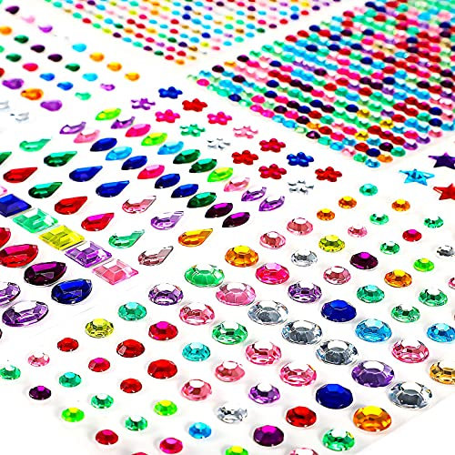 Fuyamp 2000 PCS Gem Stickers, Stick on Gems for Crafting Self-Adhesive Face Rhinestone Nail Diamonte Multicoloured Crystal Jewels for Adults Kids DIY Crafts Gluing