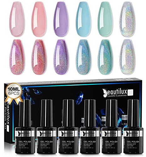 Beautilux Holografischer Regenbogen-Katzenauge-Nagellack, 1 Flasche + 5 Nude-Farben, semipermanenter Lack, Set für Nail Art, Salon, Design, Maniküre, Starter-Set (6 x 10 ml)