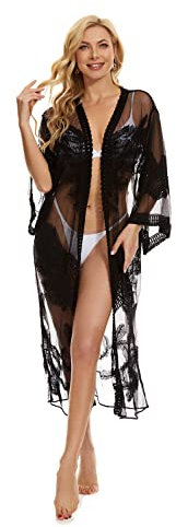 marysgift Beach Kimono for Women UK Long Sleeve Bathing Suit Swimsuit Cover Up Ladies Swimwear Bikini Lace Cardigan Long Black 21041