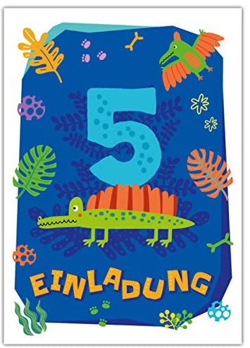 Junapack 12 Einladungskarten zum 5. Kindergeburtstag fünfte Geburtstag Jungen Dinosaurier Dino Geburtstagseinladungen