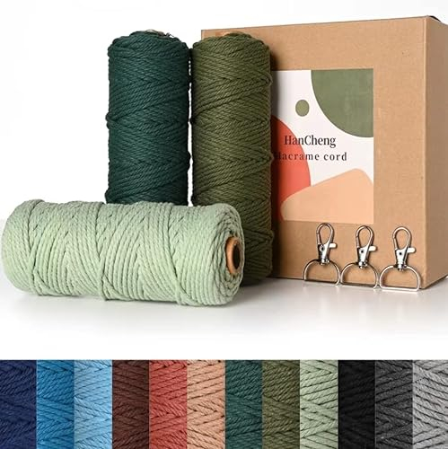 HanCheng 60m x 3mm Makramee Garn Bunt Farbverlauf 3er Set,Farbig Makramee Set mit 3 Schlüsselanhänger—Farbverlauf Grün:Dunkelgrün,Olivgrün,Hellgrün