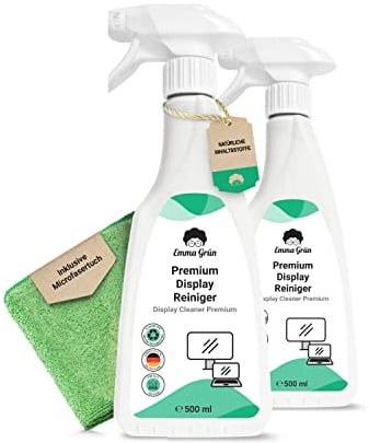 Emma Grün® Bildschirmreiniger 2X 500ml für Smartphones, Laptops & TVs [inkl. Microfasertuch] - Entfernt Fett & Fingerabdrücke - TFT Reiniger & Display Reiniger - Bildschirm Reinigung Made in Germany
