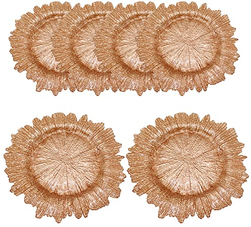 WedDecor Plato de carga redondo de 33 cm, juego de 6 platos de carga, para centro de mesa, mesa de presentación, bodas, banquetes, decoraciones de mesa de fiestas de Navidad, oro rosa con vintage