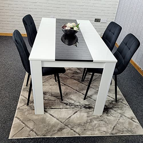 KOSY KOALA Dining Table Set with 4 Chairs White Dining Table with Black Glass Top and Black Velvet Chairs Modern Dining Room Furniture 117 x 77 x 75 cm