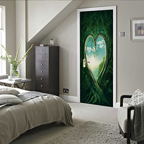 Türposter PVC 3D Türaufkleber Grüner Baum & Herz Türfolie Türtapete Art Home Dekoration Tapetentür Wasserdichtes Selbstklebend DIY Türbild B90 x H200cm