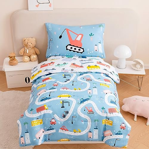 STYHO Single Duvet Cover Cartoon Cars Pattern Kids Bedding Sets for Boys Girls Teens Reversible Colorful Blue Vehicles Cranes Children Duvet Cover Sets(Blue, Single)