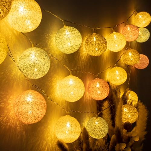 LED Lichterkette Baumwollkugeln,3,35m 20er Ø60 mm Cotton Ball Lichterketten Kugeln batterie,Immer an + Timer funktion,Nachtlicht für Weihnachten,lichterkette kinderzimmer Deko(Warmweißes Licht)