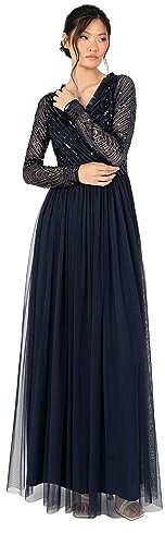 Maya Deluxe Women's Maxi Dress Ladies Embellished Wrap Tulle Frilly V-Neck Long Sleeve for Wedding Guest Bridesmaid Prom Ball Gown, Navy, 14