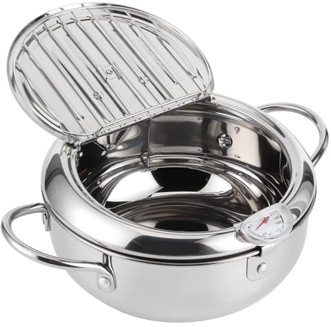 Pentola friggitrice, pentola in acciaio inox frittura pentola Tempura con coperchio Mini frittura pentola giapponese utensili da cucina per la cucina patatine fritte pollo (24cm)