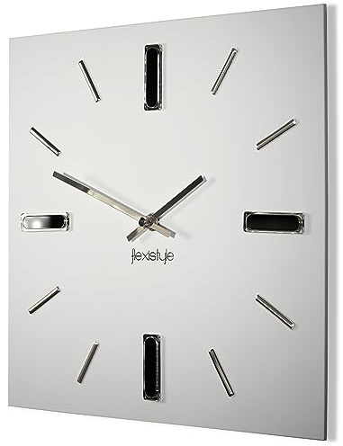 FLEXISTYLE Wanduhr 30cm Design ohne tickgeräusche ohne Ticken modern Gold quadratisch 3D Badezimmer Wohnzimmer (Weiß Silber)