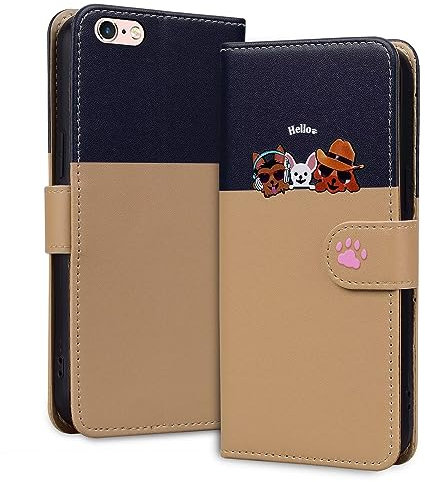 Rnrieyta Miagon für iPhone 6S/6 Hülle,Cartoon Cute Hund Katze Handyhülle Gespleißt Brieftasche Klapphülle mit Kartenfach Ständer PU Leder Flip Case Cover Magnetverschluss,Kaffee