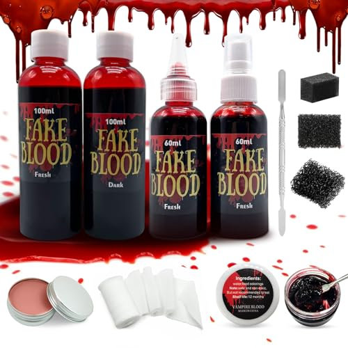 Pardofelis Kunstblut Halloween Set, Kunstblut für Haut SFX Makeup, Wundeschorf Blutspray Spritzer Kunstblut Dickflüssig Schwamm Hautwach Schaber Verbandstoff für Halloween Kostüm