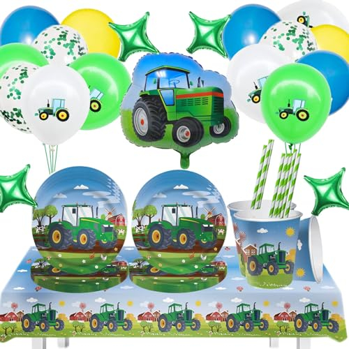 Aszaui 71 Stück Traktor Geburtstag Deko,Traktor Partygeschirr Kindergeburtstag Party Geschirrset Geburtstag Deko Set,Traktor Farm Geburtstags für Jungen Mädchen Partyzubehör,16 Gäste