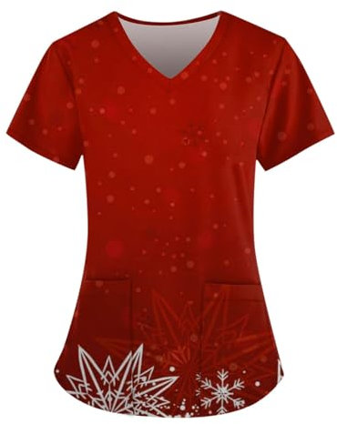 DHYUEN Medizinische Berufsbekleidung Damen Unisex Damen Pflege Mit Weihnachten Mit Kragen Kasaks Altenpflege Damen Weihnachten Motiv Bunt Pflege Kasack Kurzarm Christmas Damen Pflege(1-Wine,M)