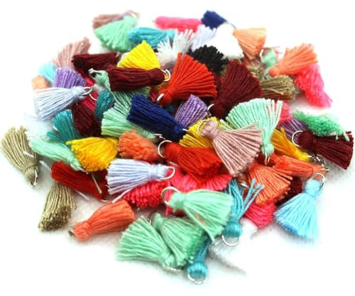 Wisafory 100 Stück Mini Quasten Anhänger Bunte Handgefertigte Baumwolle Troddel Charms Basteln Fransen Schlüsselanhänger Weich Klein Tassel Taschenanhänger für DIY Schmuckherstellung 1.5cm