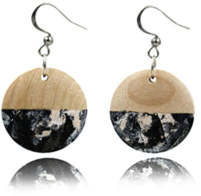 Handmade Runde Holz Ohrringe Hängend für Damen (Stil 10 - Schwarz und Weiß)