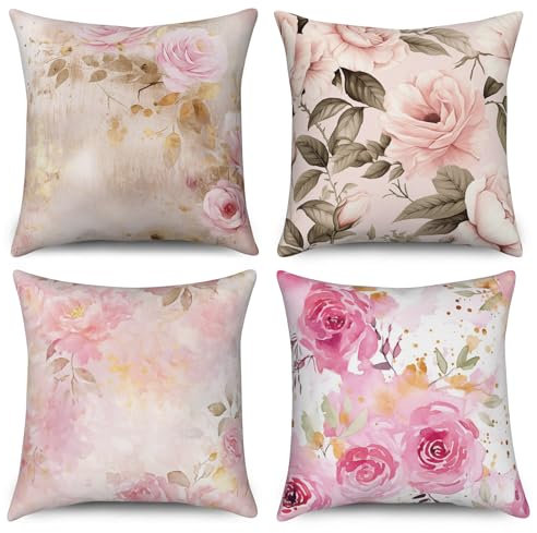 ASDCXZ Blumen Kissenbezug 40x40 cm 4er Set, Frühling Retro Rose Blumen Blätter Sofa Dekokissen Kissenbezüge Kissenhülle Waschbar Polyester Flachs Textil Outdoor Kopfkissenbezug Kissen Bezug