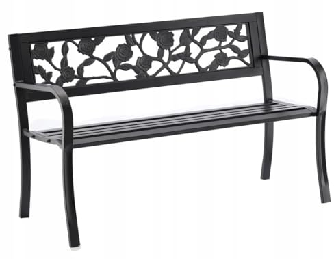 VBChome Gartenbank 120 x 53 x 77 cm Schwarz Sitzbank Trägt Max 150 kg Metall Stahl Rahmen Rose Motiv Garten Balkon Terrasse