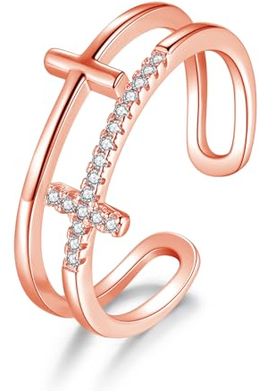 Bewenda Silber Damen Ringe, 925 Sterling Silber Doppelte Kreuz Ringe mit Zirkonia, Einstellbar Minimalistischer Knuckle Ringe, Einfach Daumenring Trendy Stapelringe, Rosegold Infinity Wickelring