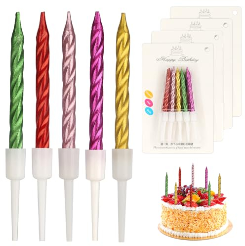40 Stücke Geburtstagskerzen, Spiral Metallisch Kerzen Geburtstag für Torte, Kuchenkerzen mit Halterung, Kurze Dünne Kerzen für Geburtstag Hochzeit Party Kuchen Dekorationen (Bunt)