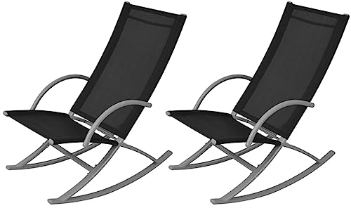 Terrassen-Schaukelstühle, 2 Stück, Rasenstühle, Regiestuhl, Boden-Lounge-Stuhl, übergroßer Stuhl, geeignet für Tribünen, Wohnzimmer, Terrasse, Schlafzimmer, Stahl und Textilene, Schwarz