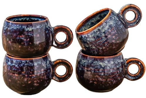 KYBSCZ Ceramic Espresso Cups Set of 4, 3 Ounces Demitasse Cups, Porcelain Mini Coffee Cups, Small Ceramic Cups Set Made by Fambe Reactive Glaze,Speckled Black Purple